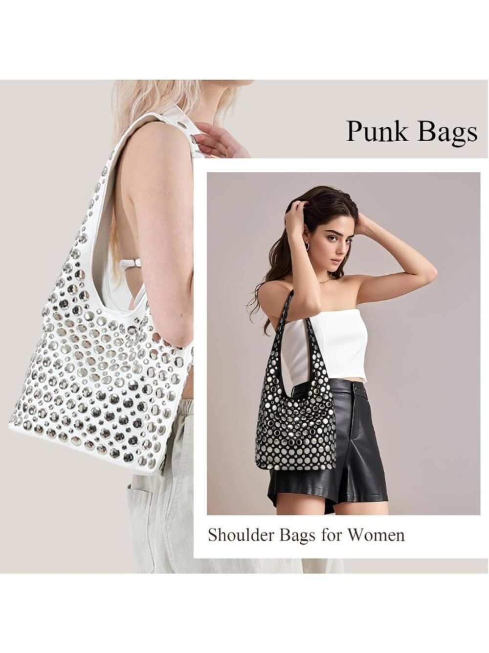 Punk-Inspired Studded HOBO Bag Luxury Trendy Chic Shoulder Handbag PU Leather - Picture 2 of 7